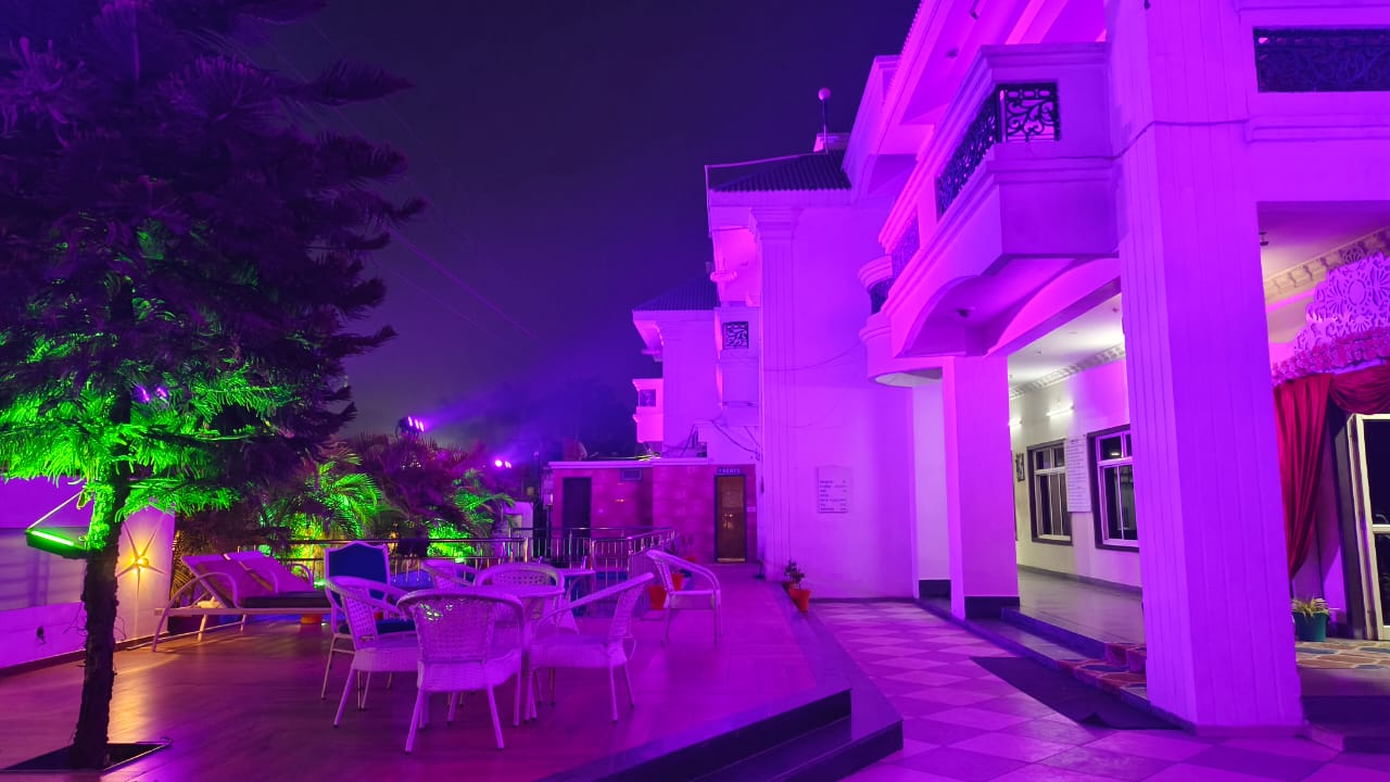 Evening lights around the Swagat Palace building